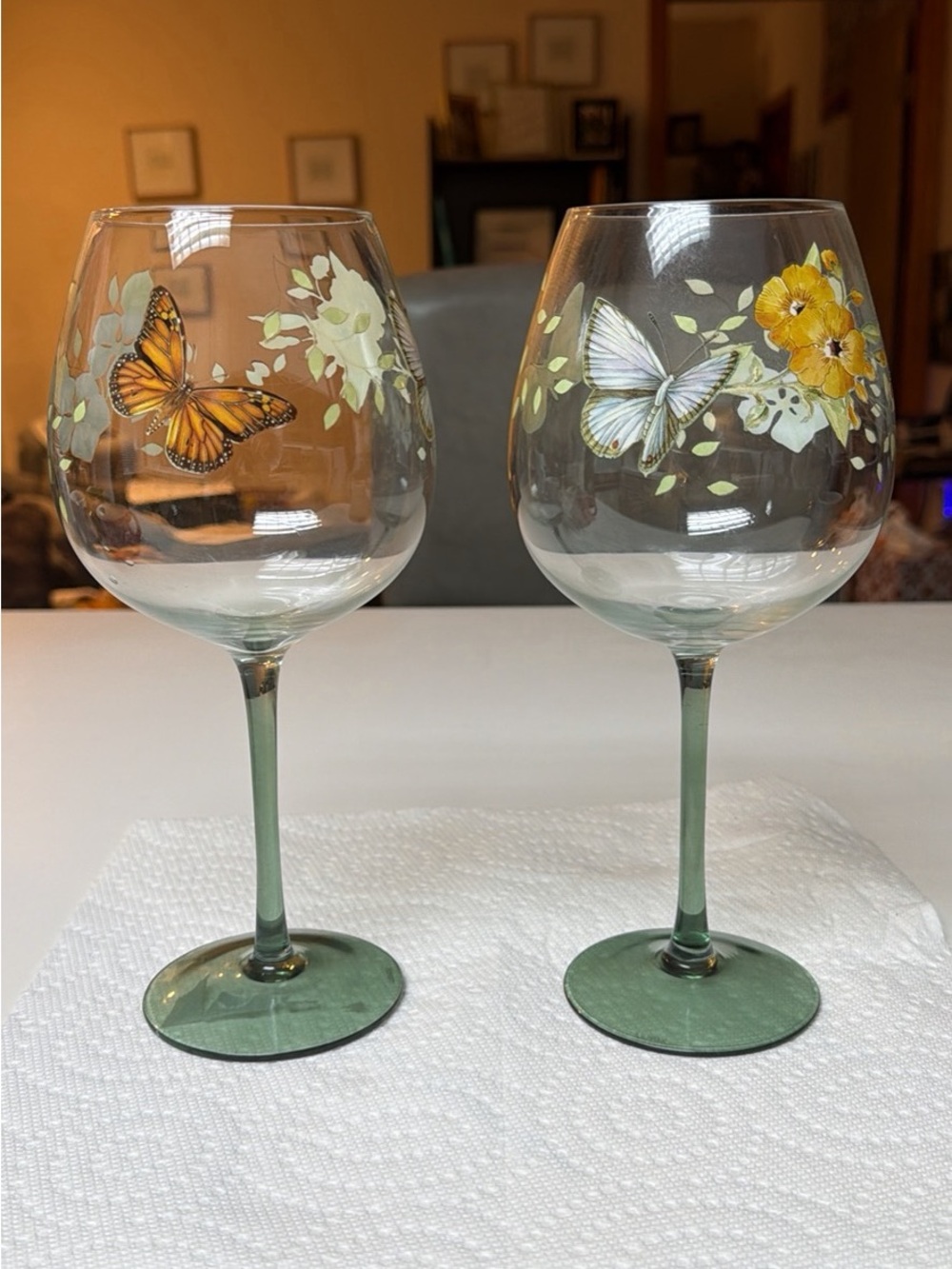 Painted wine Glass with Green Stem and Yellow Butterfly Detail floral